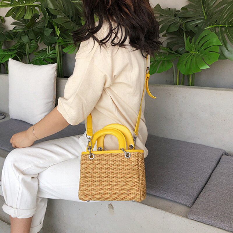 New Fashion Shoulder Bag Ladies Square Straw Bag Summer Rattan Bag Hand-Woven Beach Flip Bohemian Handbag - ebowsos