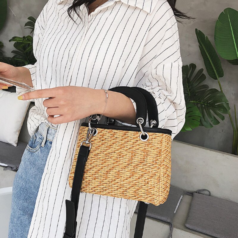 New Fashion Shoulder Bag Ladies Square Straw Bag Summer Rattan Bag Hand-Woven Beach Flip Bohemian Handbag - ebowsos