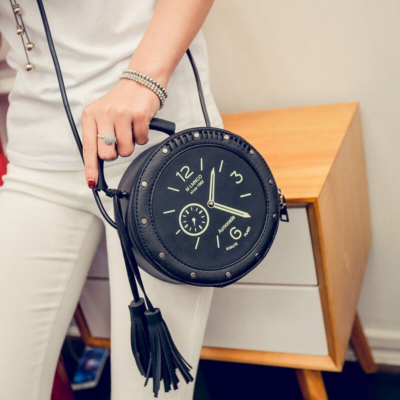 New Fashion Style Fashion Hot Women Tassel Clock Print Pu Leather Handbag Shoulder Bag Messenger Satchel Purse Satchel To - ebowsos