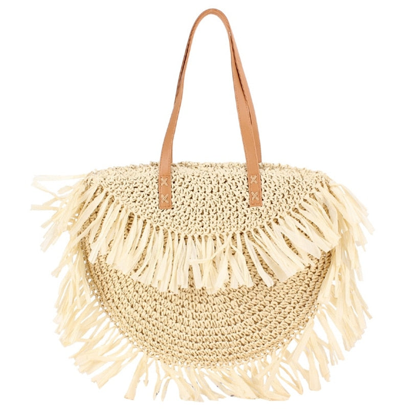 New Fashion Tassel Women Handbag Straw Bag Beach Woven Bag Round Tote Fringed Beach Large Shoulder Travel Bag - ebowsos