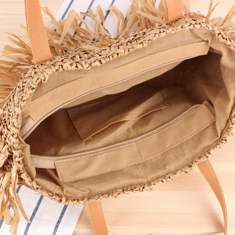 New Fashion Tassel Women Handbag Straw Bag Beach Woven Bag Round Tote Fringed Beach Large Shoulder Travel Bag - ebowsos