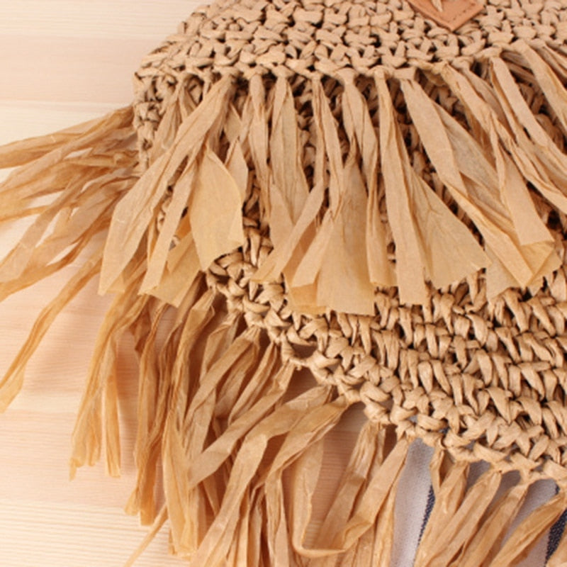 New Fashion Tassel Women Handbag Straw Bag Beach Woven Bag Round Tote Fringed Beach Large Shoulder Travel Bag - ebowsos