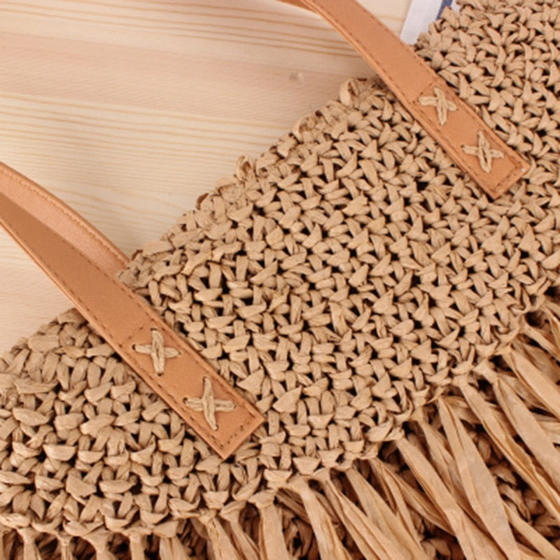 New Fashion Tassel Women Handbag Straw Bag Beach Woven Bag Round Tote Fringed Beach Large Shoulder Travel Bag - ebowsos