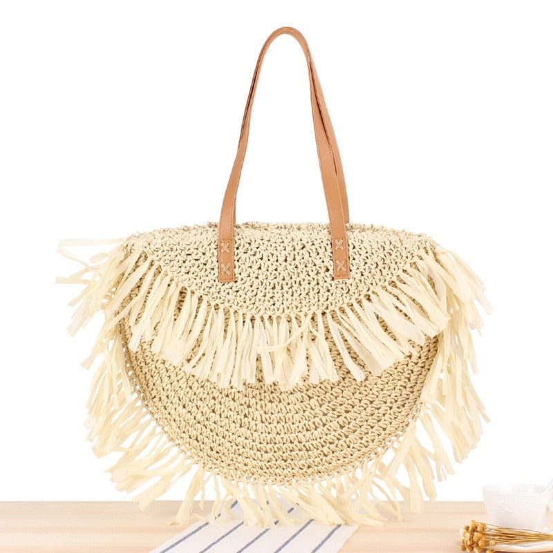 New Fashion Tassel Women Handbag Straw Bag Beach Woven Bag Round Tote Fringed Beach Large Shoulder Travel Bag - ebowsos