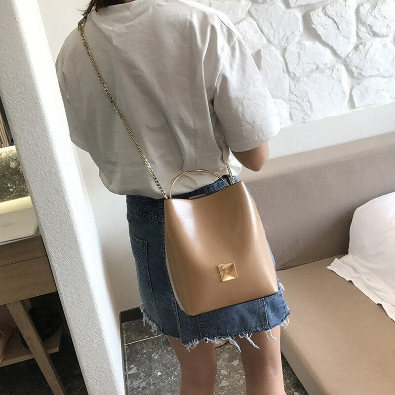 New Fashion Trend Metal Bucket Art Handbag Portable Chain Bucket-Shaped Handbag Shoulder Messenger Bag - ebowsos