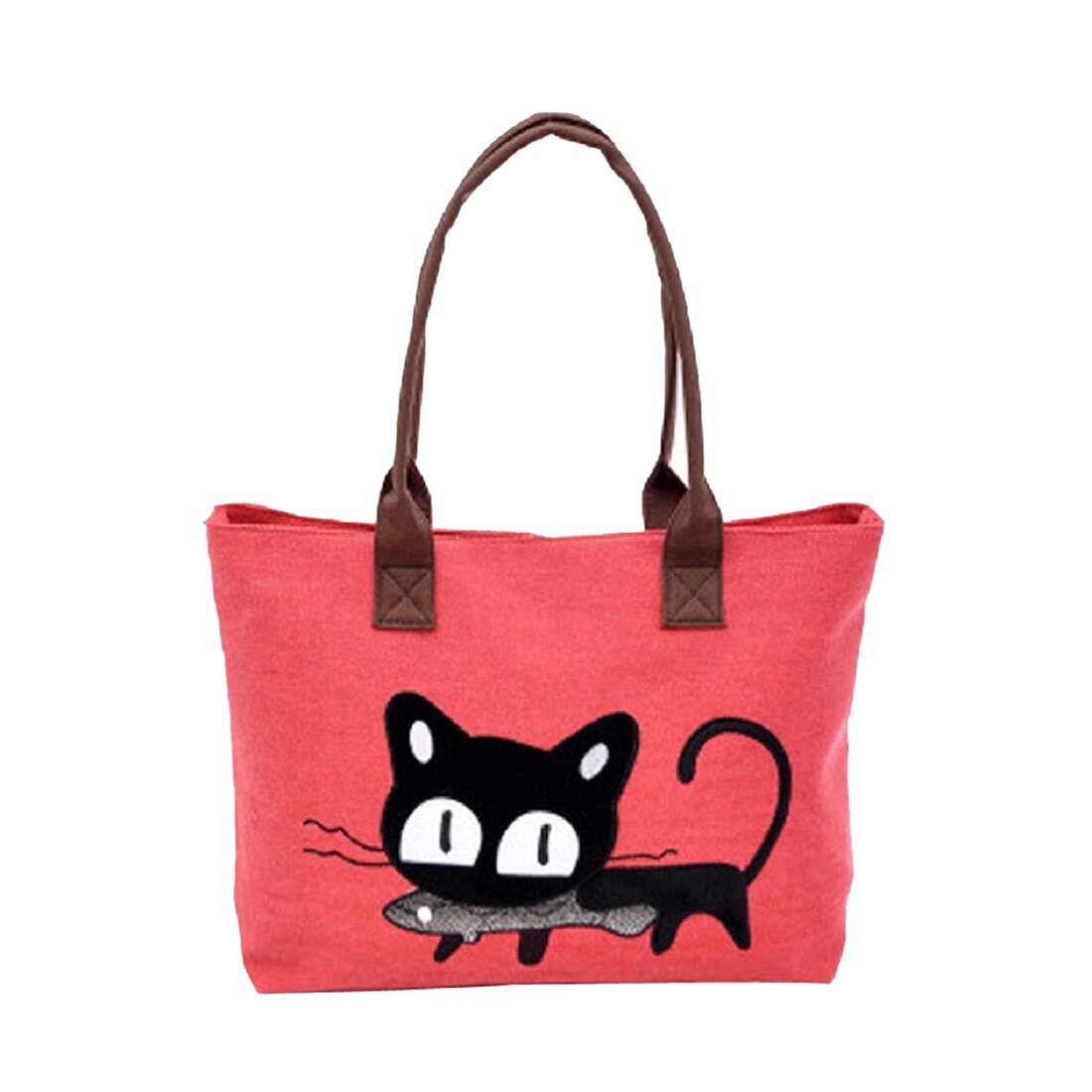 New Fashion Woman Shoulder Bag Canvas Cute Cat Bag Office Bag Lunch Bag (Black) - ebowsos