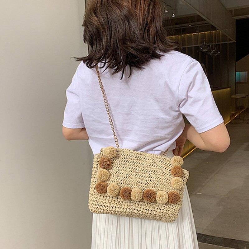 New Hair Ball Beach Bag Straw Clutch Bag Envelope Lady Ladies Day Summer Chain Messenger Bag - ebowsos