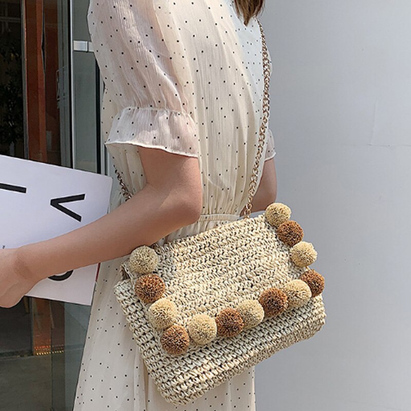 New Hair Ball Beach Bag Straw Clutch Bag Envelope Lady Ladies Day Summer Chain Messenger Bag - ebowsos