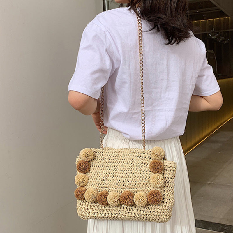 New Hair Ball Beach Bag Straw Clutch Bag Envelope Lady Ladies Day Summer Chain Messenger Bag - ebowsos