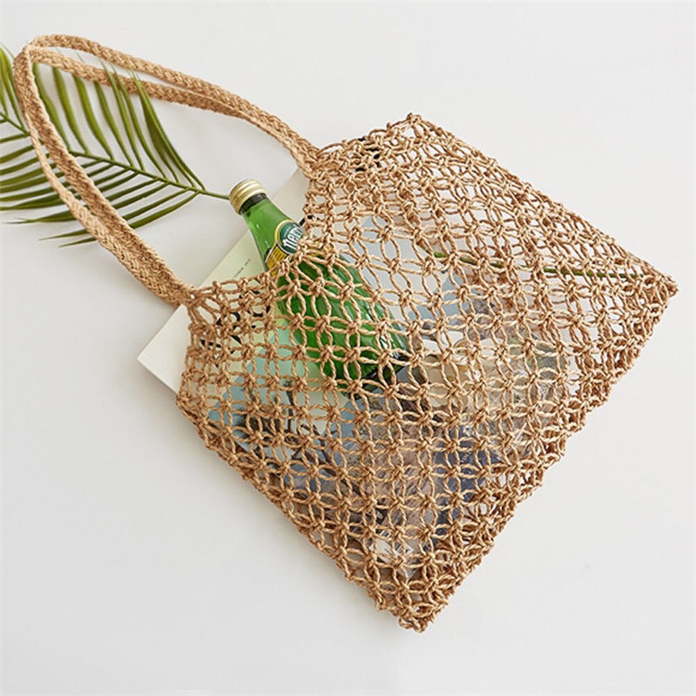 New Hand-Woven Hollowwork Straw Bag Paper Rope Grid Without Lining Women Beach Bag(Brown) - ebowsos