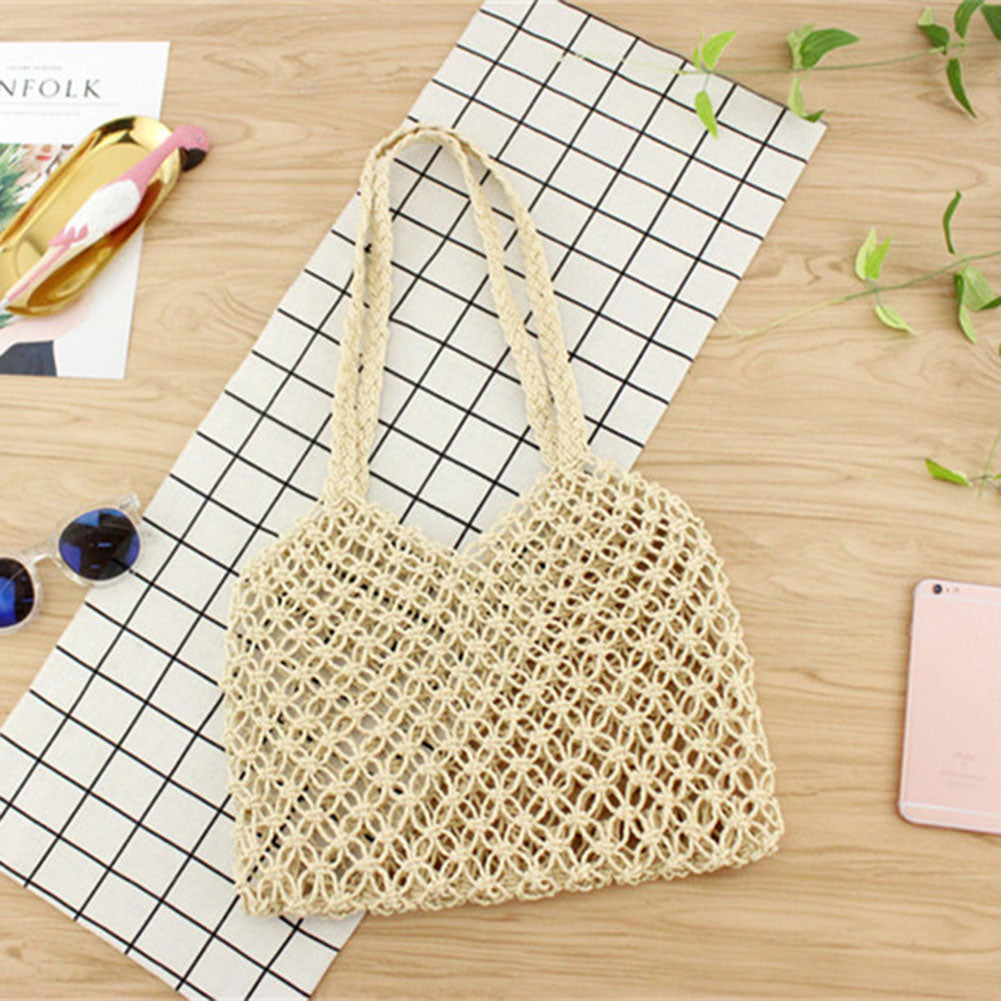 New Hand-Woven Hollowwork Straw Bag Paper Rope Grid Without Lining Women Beach Bag(Brown) - ebowsos