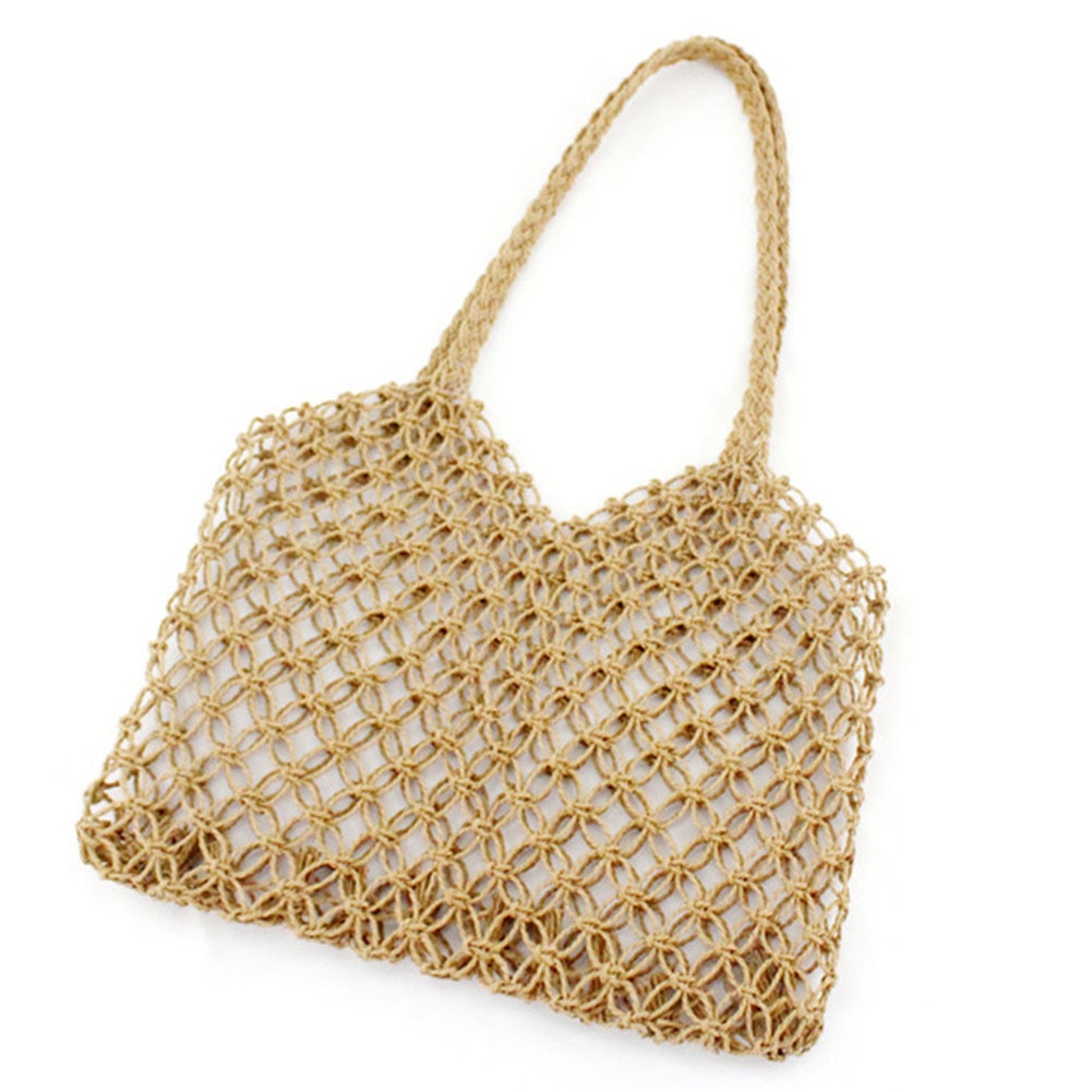 New Hand-Woven Hollowwork Straw Bag Paper Rope Grid Without Lining Women Beach Bag(Brown) - ebowsos