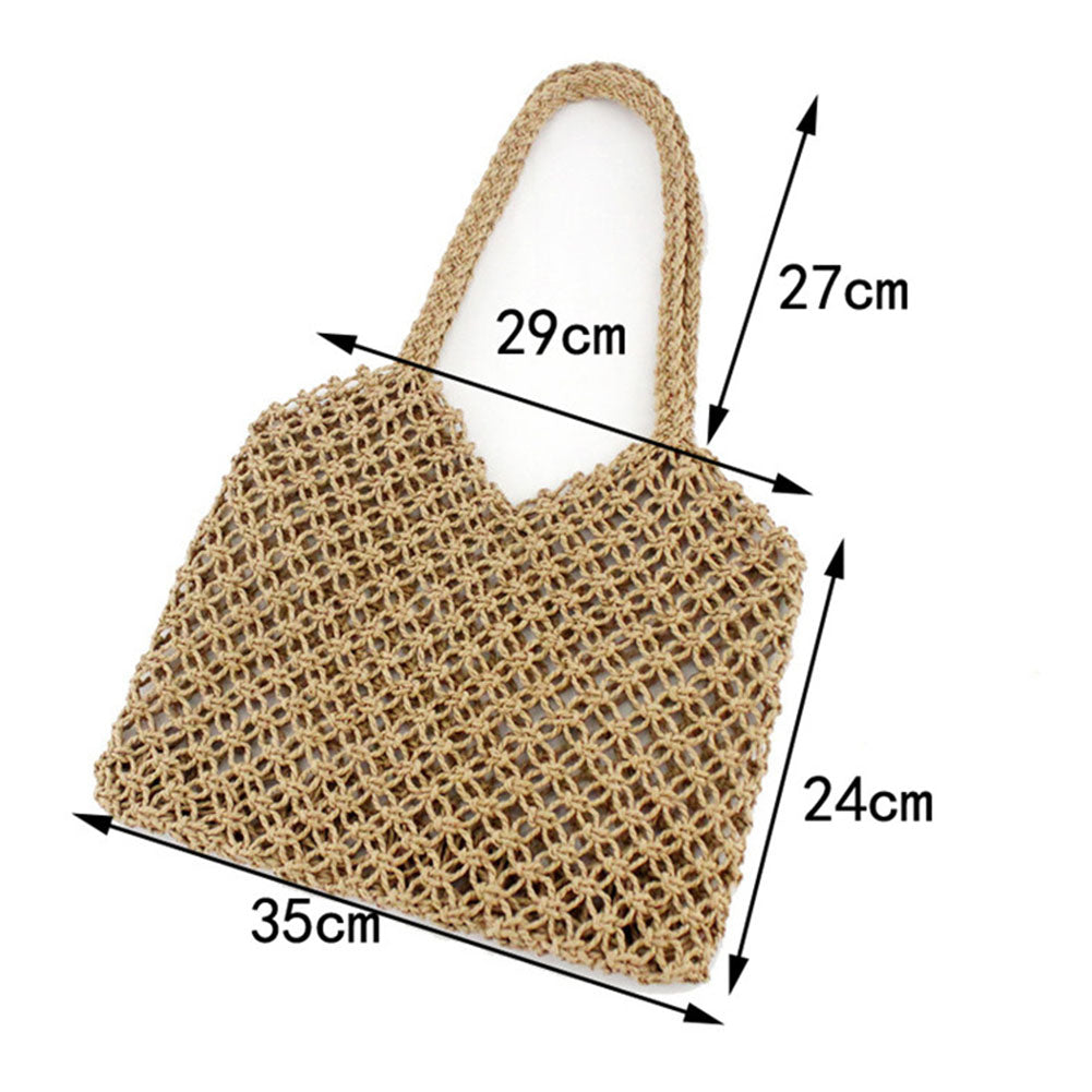 New Hand-Woven Hollowwork Straw Bag Paper Rope Grid Without Lining Women Beach Bag(Brown) - ebowsos