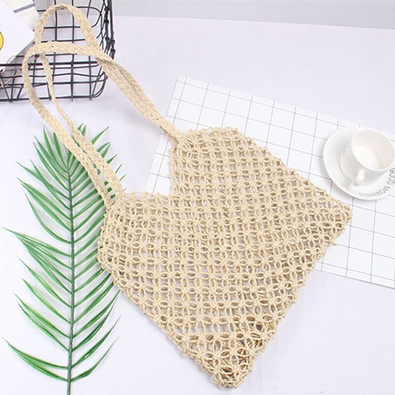 New Hand-Woven Hollowwork Straw Bag Paper Rope Grid Without Lining Woven Beach Bag(Beige) - ebowsos