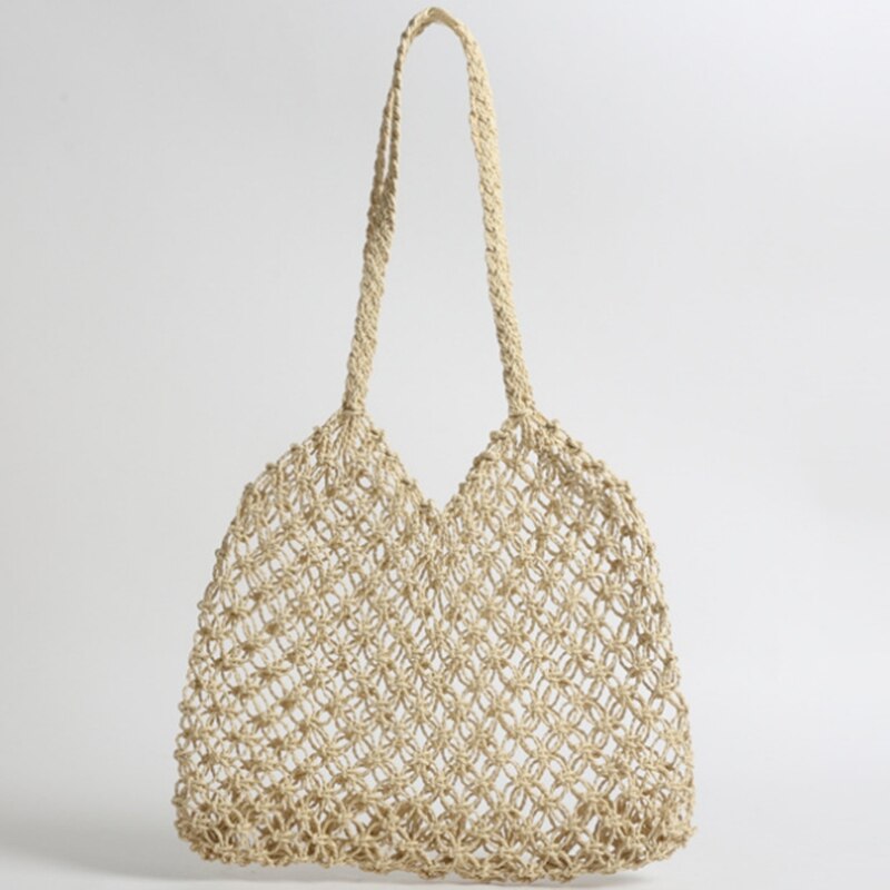 New Hand-Woven Hollowwork Straw Bag Paper Rope Grid Without Lining Woven Beach Bag(Beige) - ebowsos