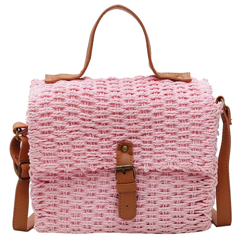 New Ladies Hand-Woven Satchel Square Rattan Retro Literary Hand-Woven Leather Buckle Package Bohemia Beach Messenger Satc - ebowsos