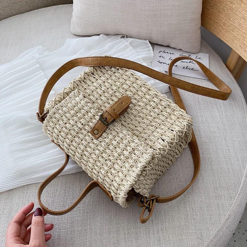 New Ladies Hand-Woven Satchel Square Rattan Retro Literary Hand-Woven Leather Buckle Package Bohemia Beach Messenger Satc - ebowsos