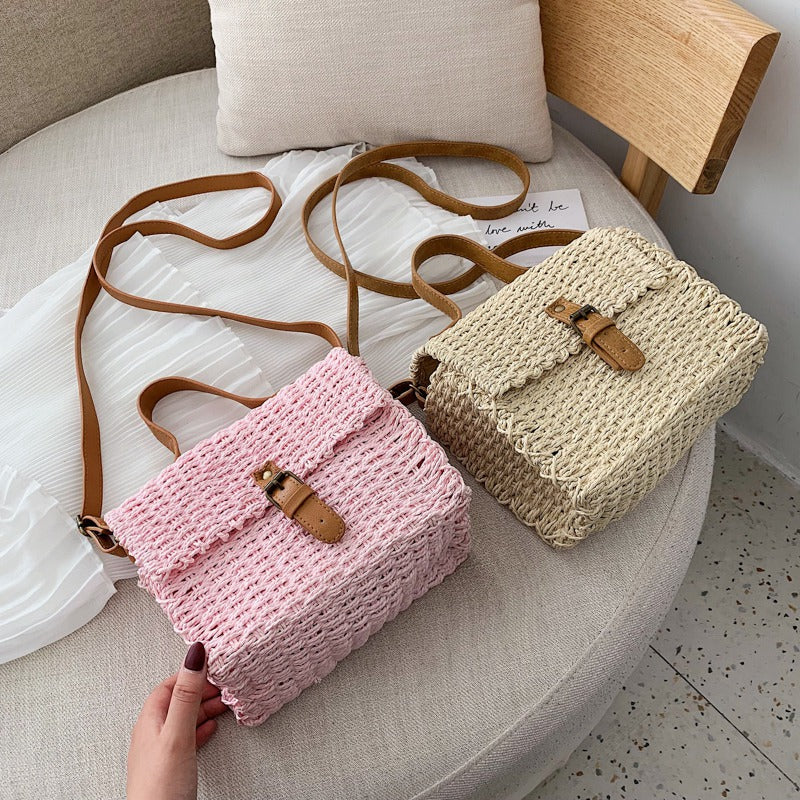 New Ladies Hand-Woven Satchel Square Rattan Retro Literary Hand-Woven Leather Buckle Package Bohemia Beach Messenger Satc - ebowsos