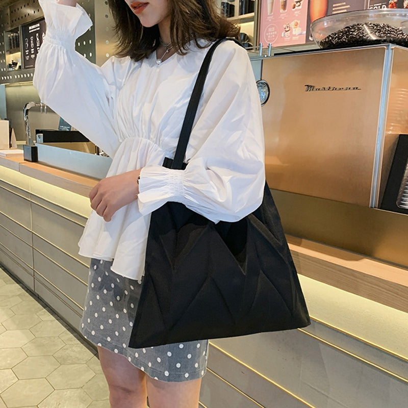 New Pleated Shoulder Bag Large Capacity Shopping Bag For Women Female Causal Chic Tote Bag Japanese Style Beach Bag - ebowsos