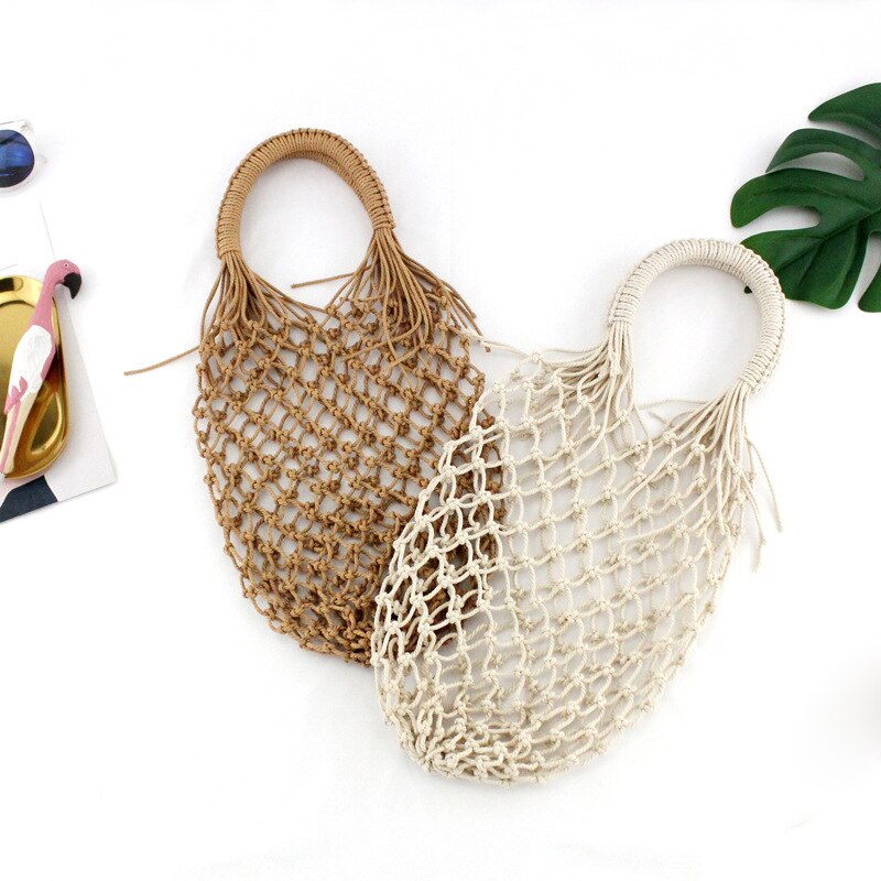 New Pocket Straw Hand Woven Bag Cotton Handbag Vacation Fashion Beach Women Bag Tote Handmade Braided Rattan Hollow Out B - ebowsos