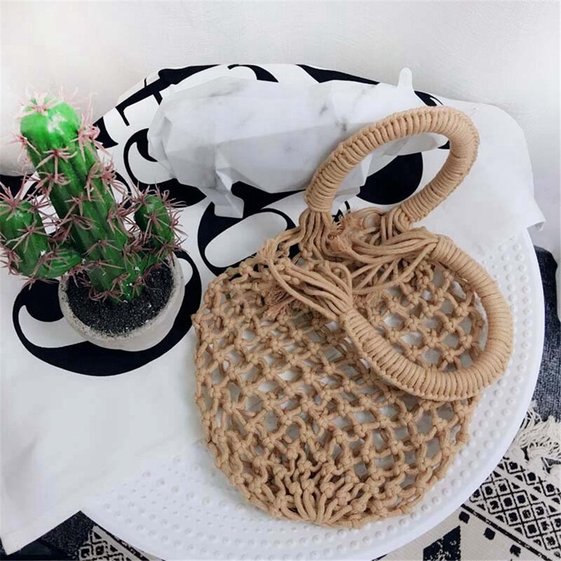 New Pocket Straw Hand Woven Bag Cotton Handbag Vacation Fashion Beach Women Bag Tote Handmade Braided Rattan Hollow Out B - ebowsos