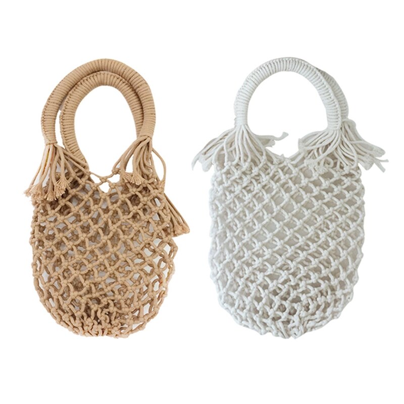 New Pocket Straw Hand Woven Bag Cotton Handbag Vacation Fashion Beach Women Bag Tote Handmade Braided Rattan Hollow Out B - ebowsos