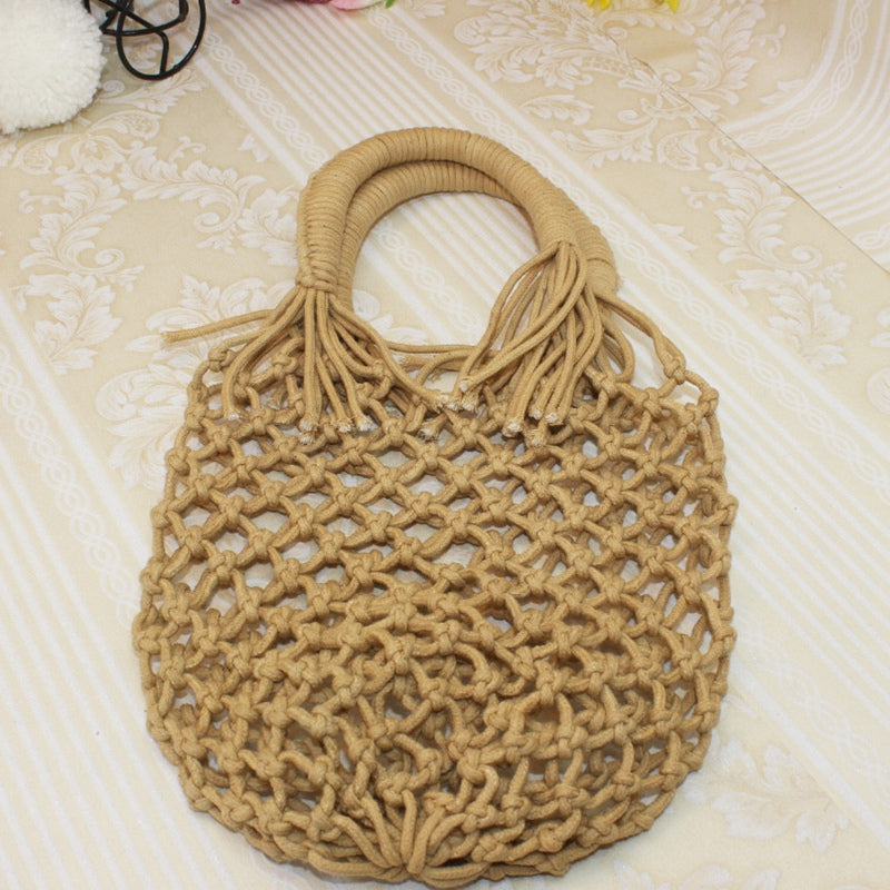 New Pocket Straw Hand Woven Bag Cotton Handbag Vacation Fashion Beach Women Bag Tote Handmade Braided Rattan Hollow Out B - ebowsos