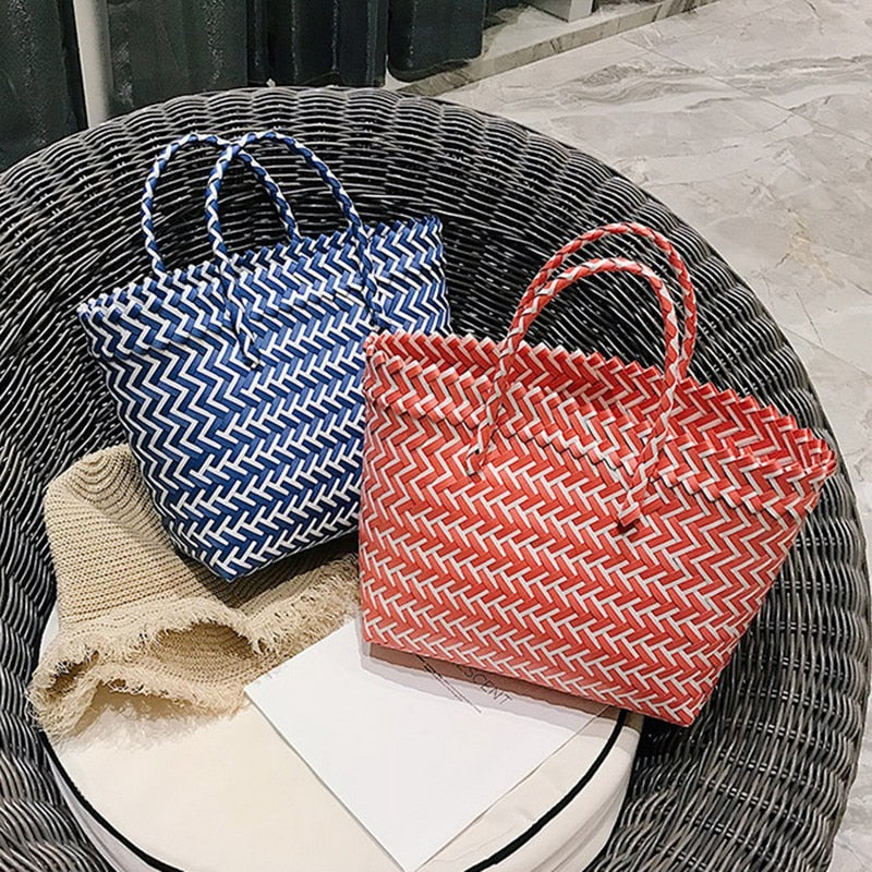 New Portable Square Stripe Straw Bag Fashion Large Capacity Woven Shoulder Bags Single Beach Bag Female Big Handbag - ebowsos