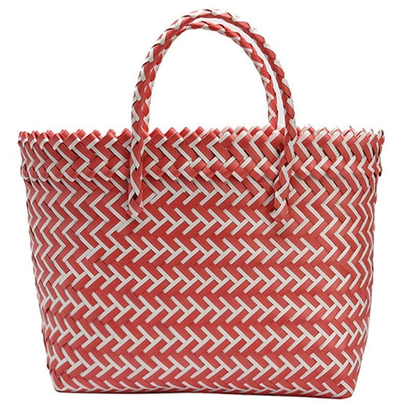 New Portable Square Stripe Straw Bag Fashion Large Capacity Woven Shoulder Bags Single Beach Bag Female Big Handbag - ebowsos