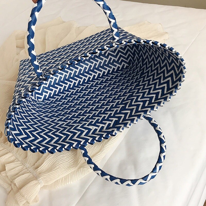 New Portable Square Stripe Straw Bag Fashion Large Capacity Woven Shoulder Bags Single Beach Bag Female Big Handbag - ebowsos