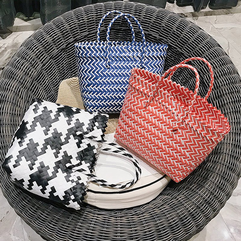 New Portable Square Stripe Straw Bag Fashion Large Capacity Woven Shoulder Bags Single Beach Bag Female Big Handbag - ebowsos