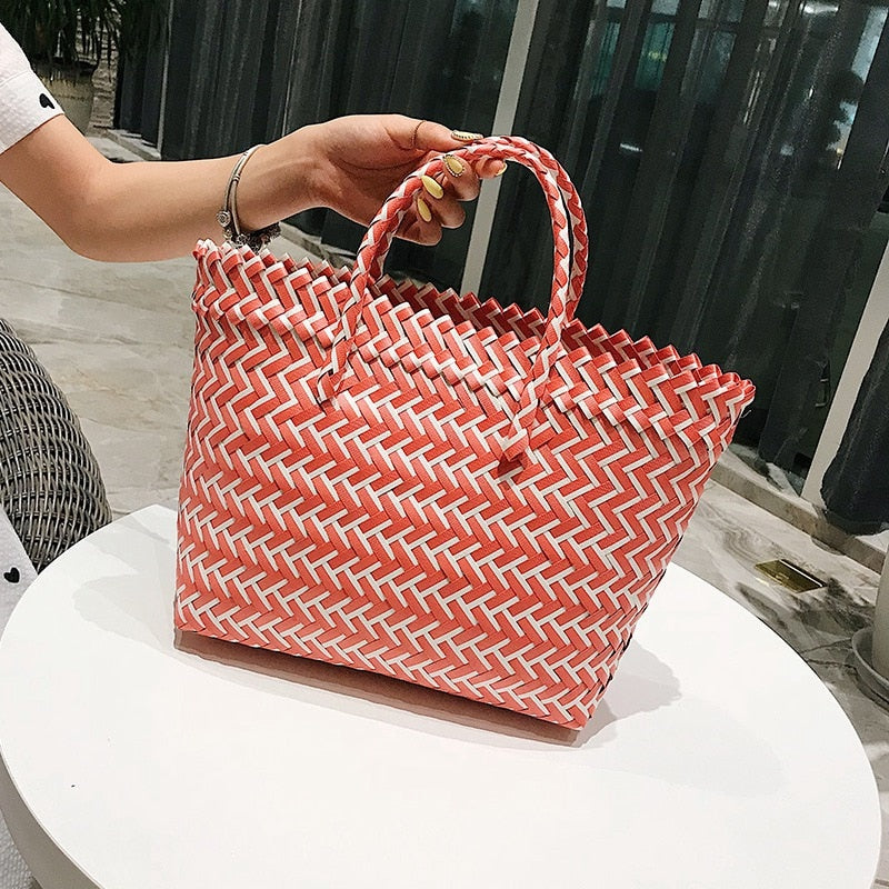 New Portable Square Stripe Straw Bag Fashion Large Capacity Woven Shoulder Bags Single Beach Bag Female Big Handbag - ebowsos