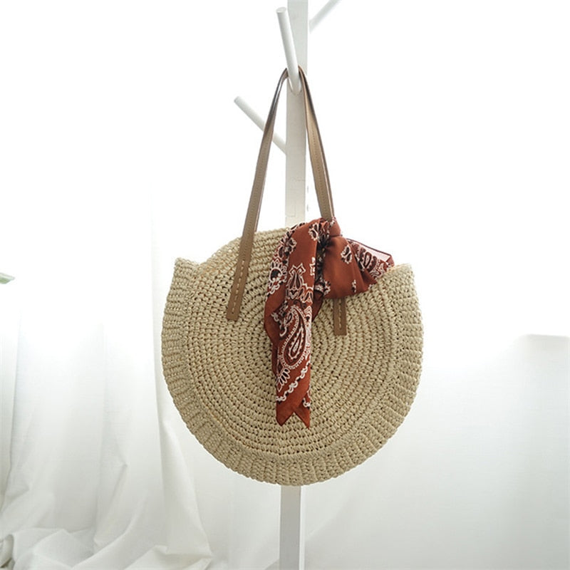 New Round Straw Bag Beach Bag Woven Large Capacity Single Shoulder Hand Crochet Summer Girl Bag - ebowsos