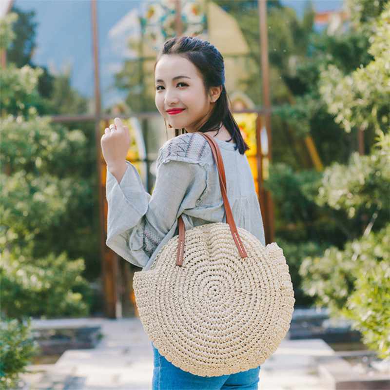 New Round Straw Bag Beach Bag Woven Large Capacity Single Shoulder Hand Crochet Summer Girl Bag - ebowsos