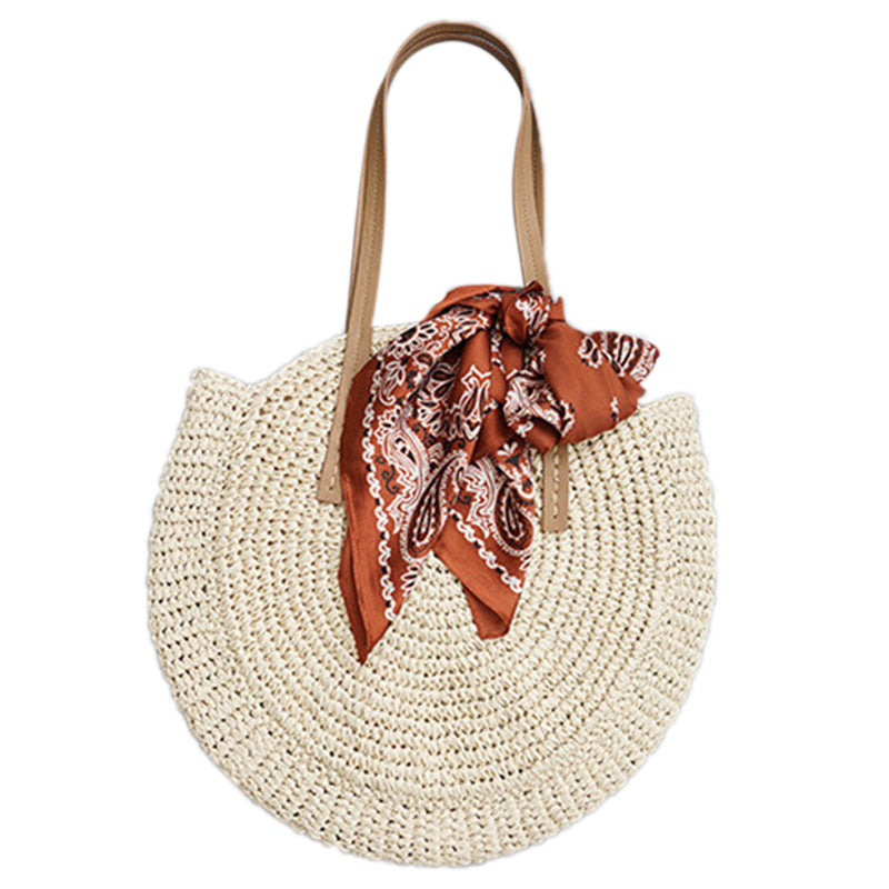 New Round Straw Bag Beach Bag Woven Large Capacity Single Shoulder Hand Crochet Summer Girl Bag - ebowsos