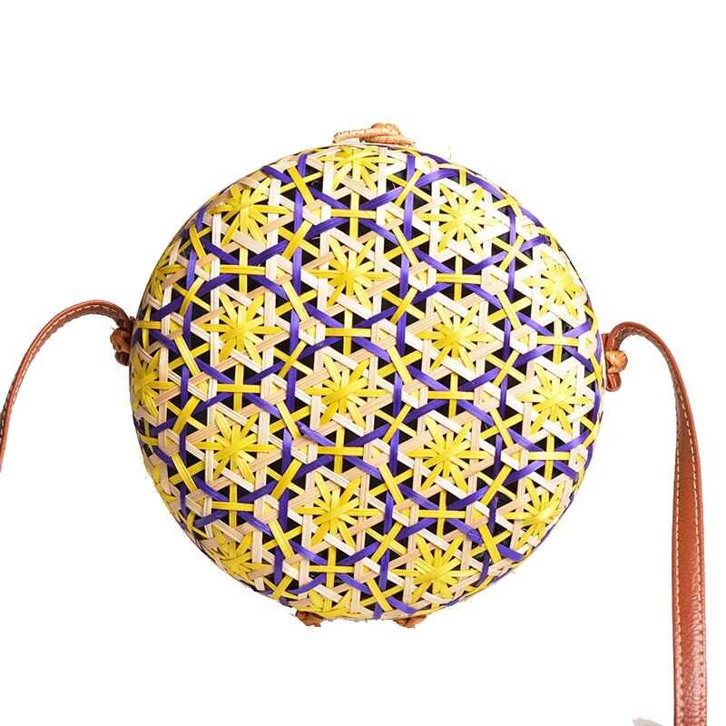 New Round Straw Beach Bag Circle Rattan Bag Women Handbag Colorful Flower Pattern Female Message Shoulder Bag - ebowsos