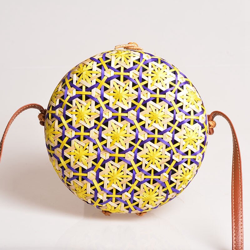 New Round Straw Beach Bag Circle Rattan Bag Women Handbag Colorful Flower Pattern Female Message Shoulder Bag - ebowsos