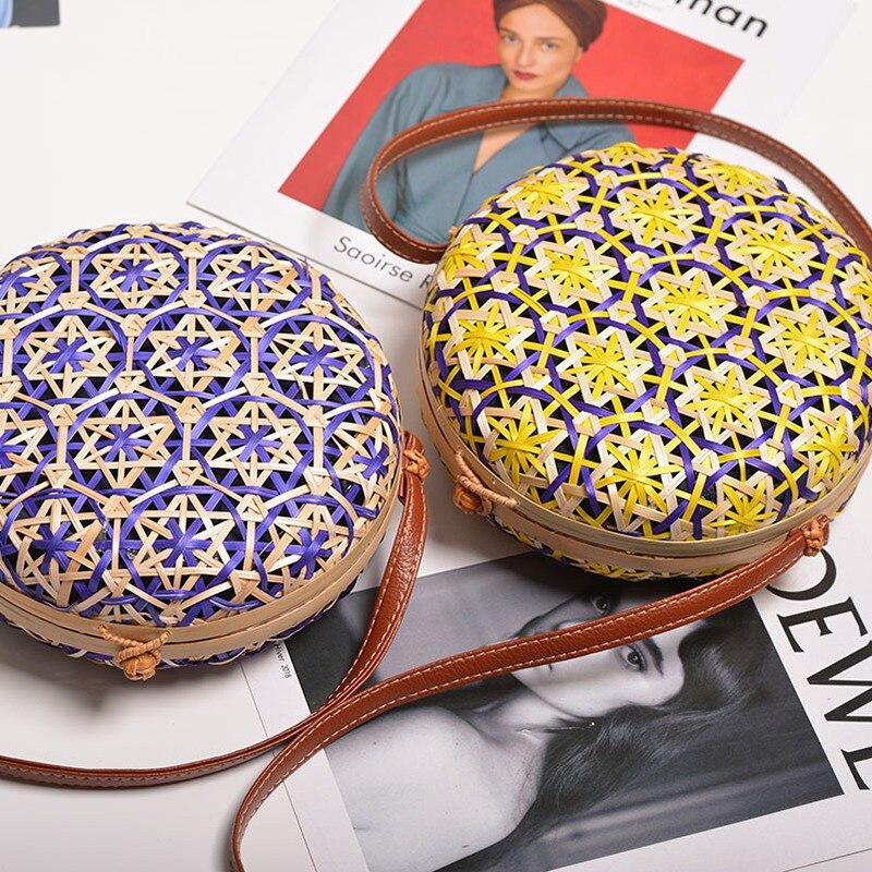 New Round Straw Beach Bag Circle Rattan Bag Women Handbag Colorful Flower Pattern Female Message Shoulder Bag - ebowsos