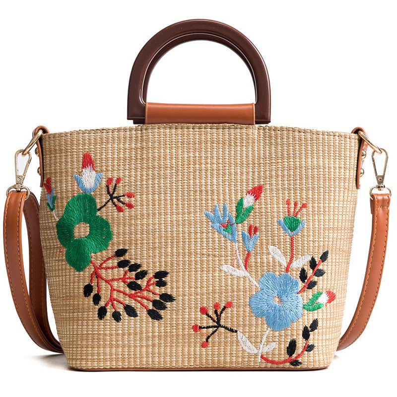 New Straw Bag Female Shoulder Versatile Handbag Embroidery Woven Bucket Bag - ebowsos