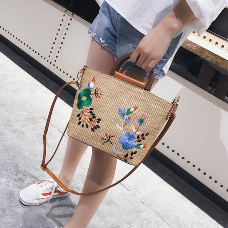 New Straw Bag Female Shoulder Versatile Handbag Embroidery Woven Bucket Bag - ebowsos