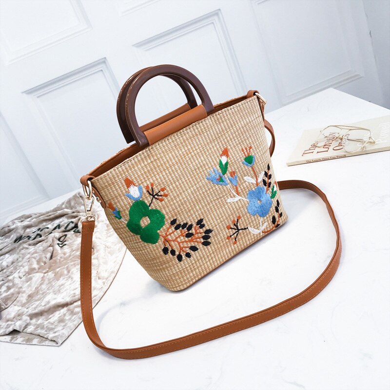 New Straw Bag Female Shoulder Versatile Handbag Embroidery Woven Bucket Bag - ebowsos