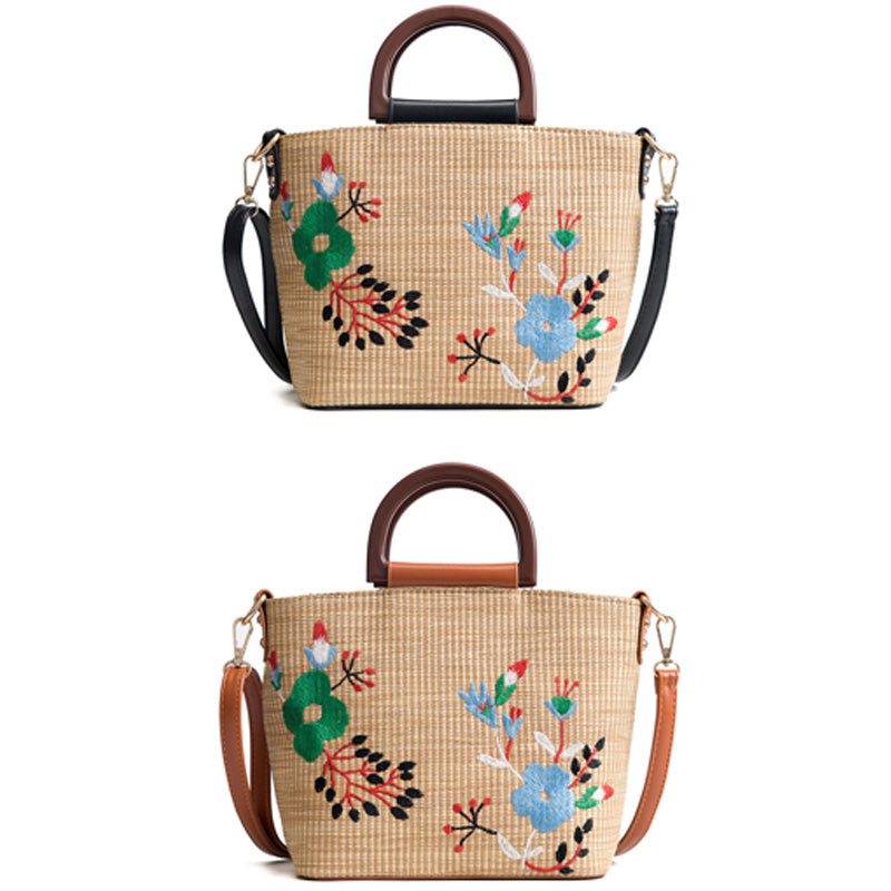 New Straw Bag Female Shoulder Versatile Handbag Embroidery Woven Bucket Bag - ebowsos