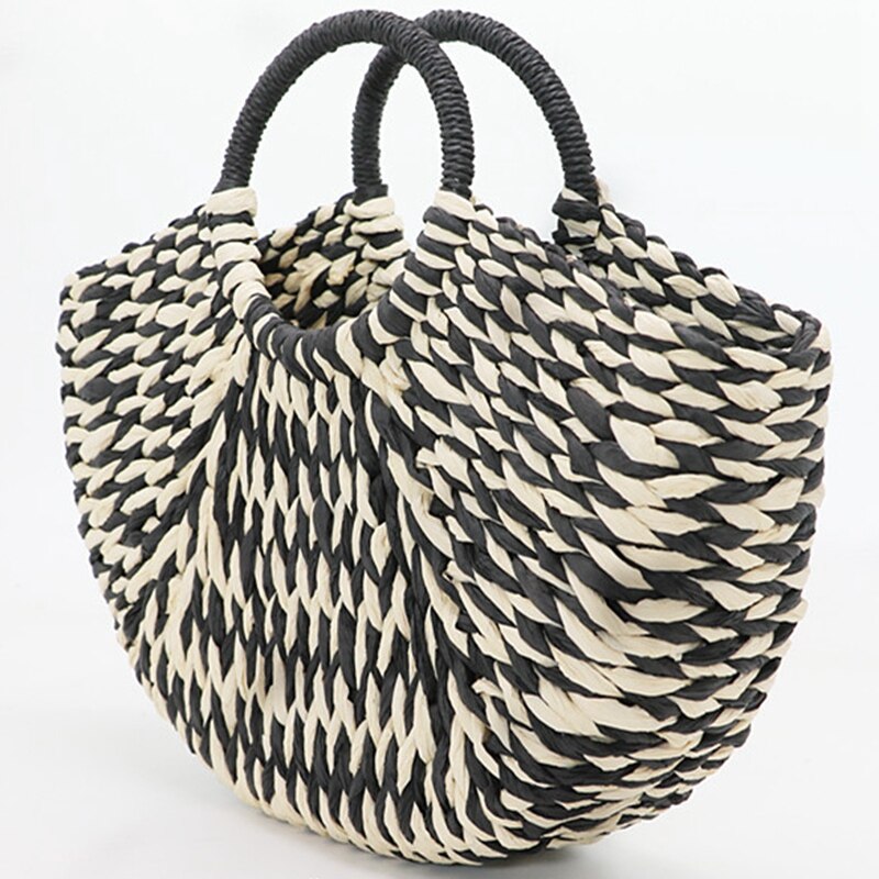 New Summer Handmade Bags Women Pompon Beach Weaving Ladies Straw Bag Wrapped Beach Bag Moon Shaped Bag - ebowsos