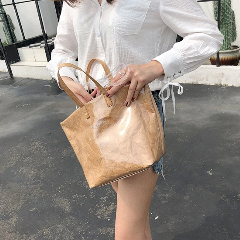 New Texture Kraft Paper Transparent Bag Fashion Simple Wild Shoulder Bag Handbag Female - ebowsos