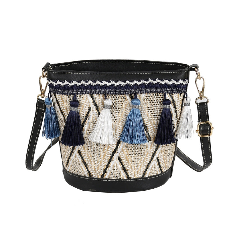 New Vintage Women Weaving Tassel Shoulder Bag Messenger Bag Crossbody Bags Girls Cute Handle Straw Bags Bucket Shape Tote - ebowsos