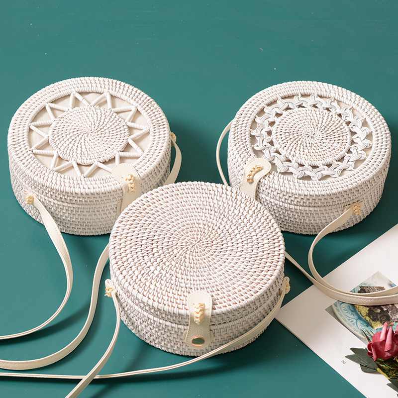 New White Round Rattan Bags For Women Boho Beach Crossbody Bag Straw Handmade Woven Circle Shoulder Bag Female Handbags - ebowsos