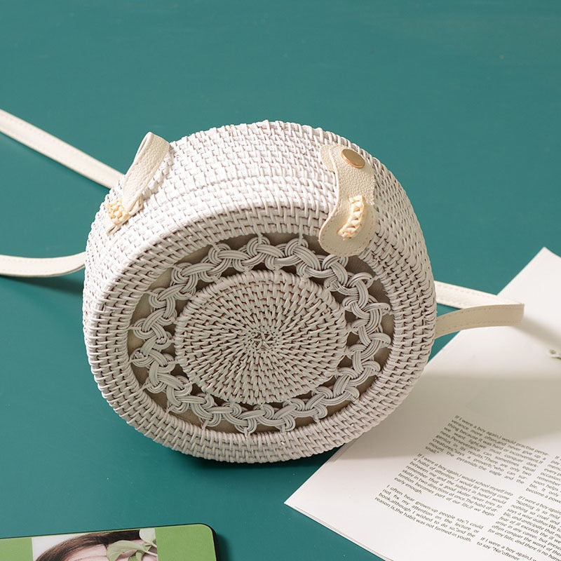 New White Round Rattan Bags For Women Boho Beach Crossbody Bag Straw Handmade Woven Circle Shoulder Bag Female Handbags - ebowsos