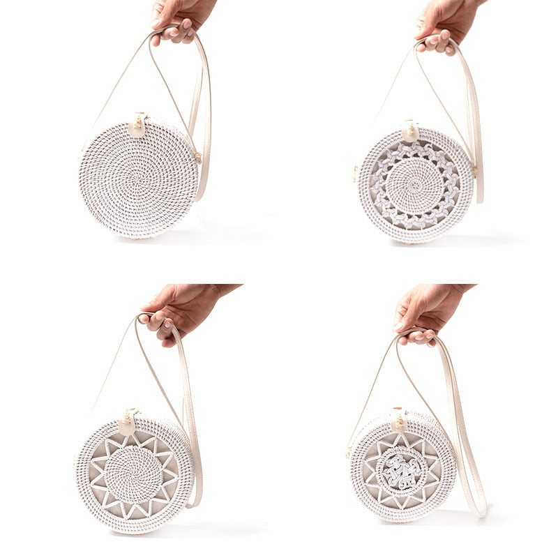 New White Round Rattan Bags For Women Boho Beach Crossbody Bag Straw Handmade Woven Circle Shoulder Bag Female Handbags - ebowsos