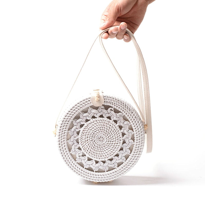 New White Round Rattan Bags For Women Boho Beach Crossbody Bag Straw Handmade Woven Circle Shoulder Bag Female Handbags - ebowsos