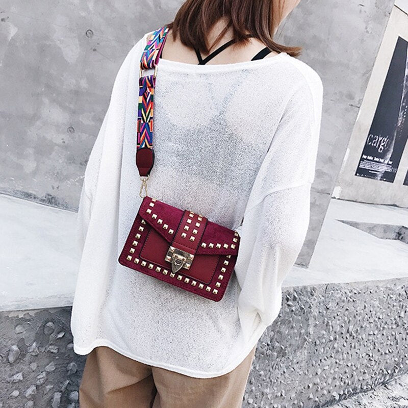 New Wide Shoulder Strap Small Square Bag Fashion Rivet Crossbody Bag Female Bags Messenger Bag Women Satchel - ebowsos